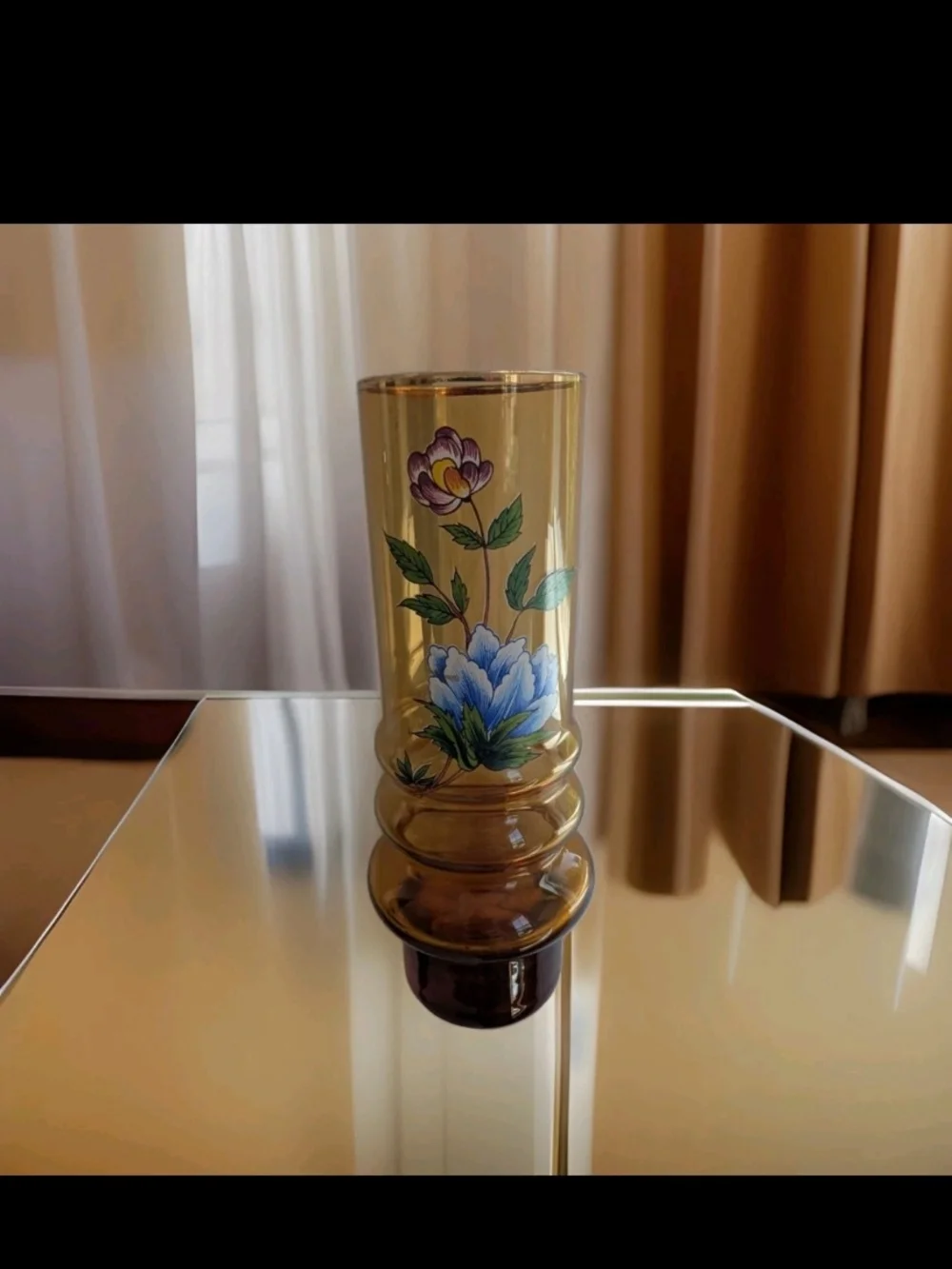 VTG Norleans Made In Italy Amber Glass Hand Painted Floral Cylinder Vase 7